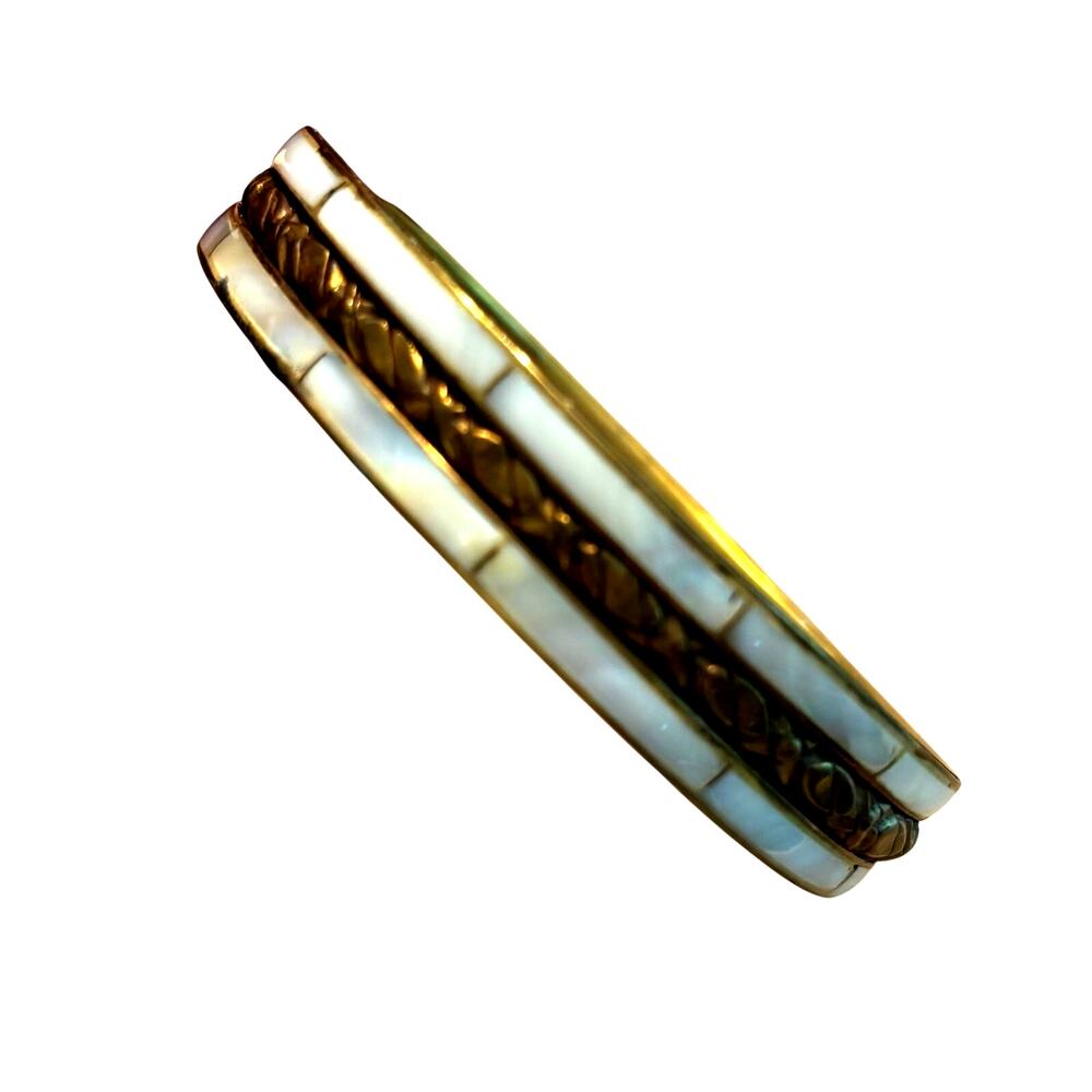 Vintage bangle bracelet Boho festival style brass & Mother of Pearl inlay 80s